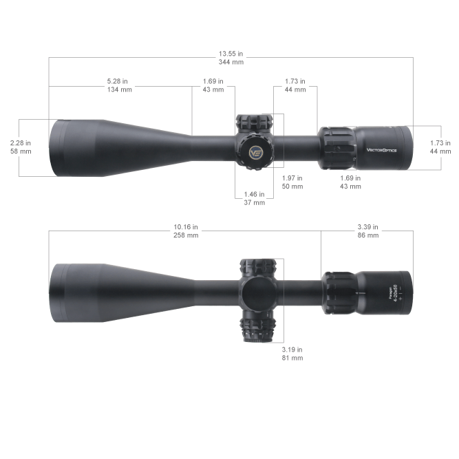 Technische Zeichnung des Vector Optics Paragon 4-20x50 SFP mit Maßangaben, zeigt kompakte Bauweise und ergonomisches Design für Waffenmontage.