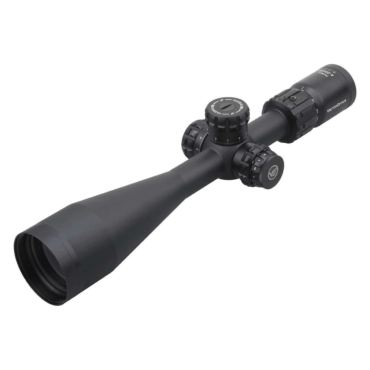 Seitlich abgewinkelte Ansicht des Paragon 4-20x50 SFP Vector Optics Zielfernrohrs mit robustem Gehäuse und klarer Objektivlinse.