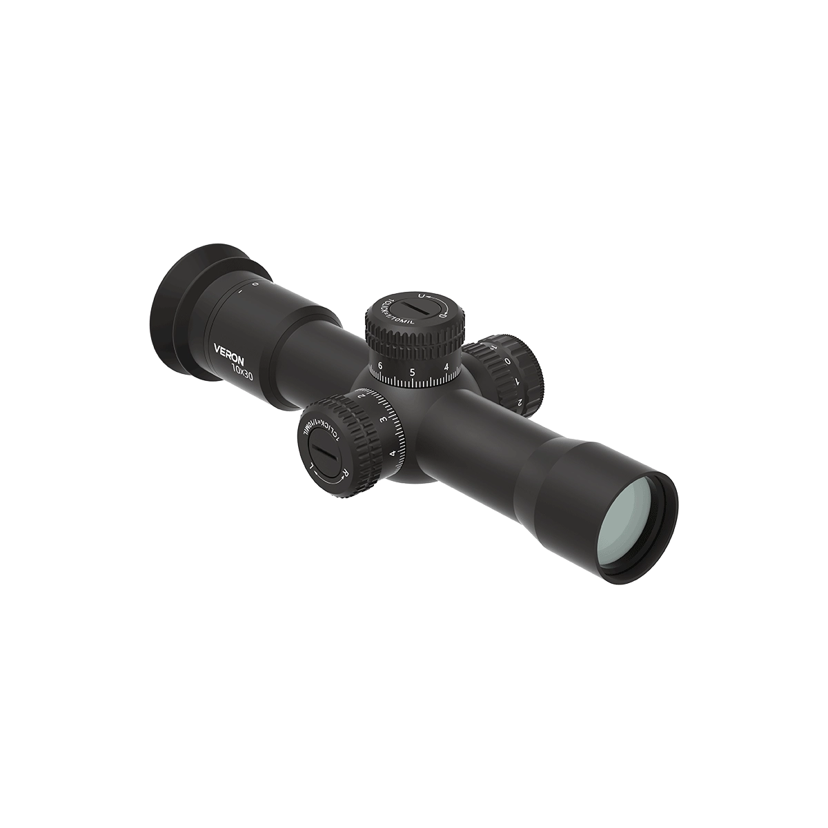 Seitliche Perspektive des Veyron Plus Zielfernrohrs 10x30 mit BDC-Absehen und griffigen Einstellrädern für präzise Zielanpassung.