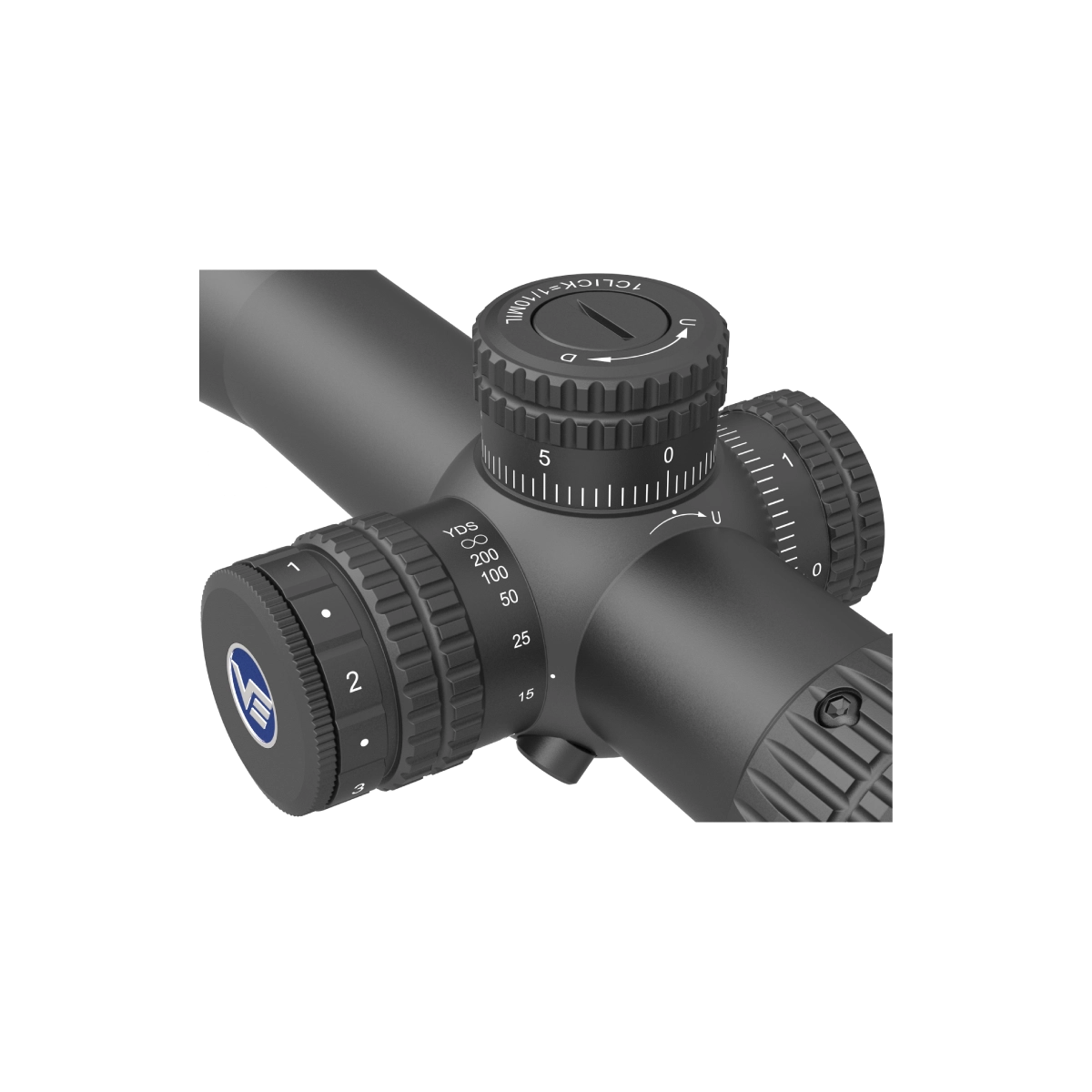 Detailansicht der Türme des Veyron 6-24x44IR SFP Zielfernrohrs mit klarer Skalierung für präzise Höhen- und Seitenverstellung.