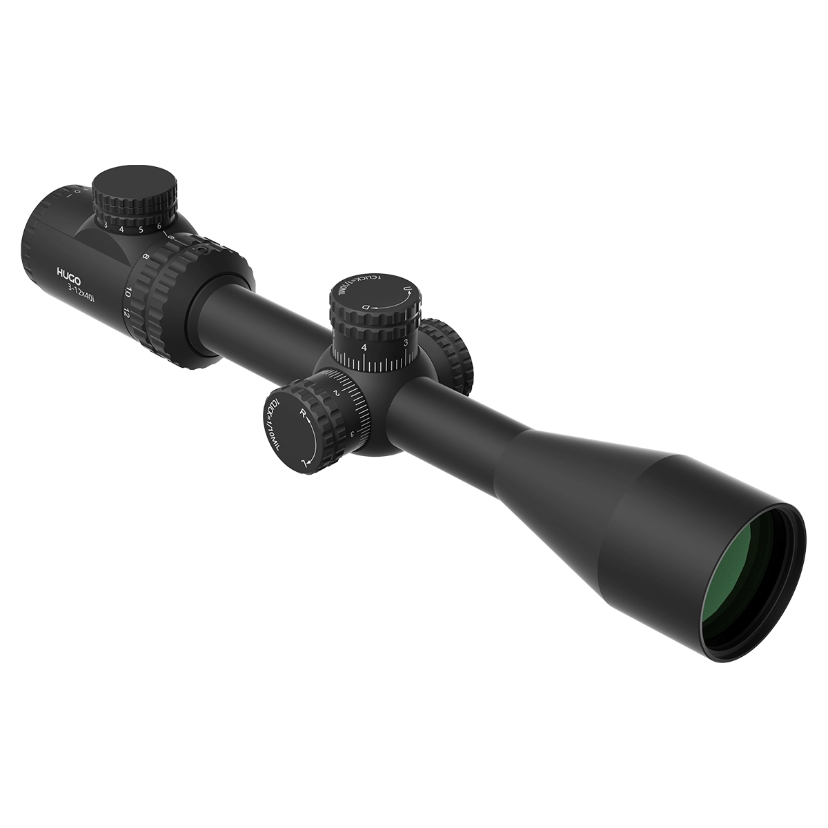 Hugo 3–12×40i Zielfernrohr mit grün beschichteter Optik und MPVO SFP Glasabsehen für klare Zielerfassung bei mittleren Entfernungen.