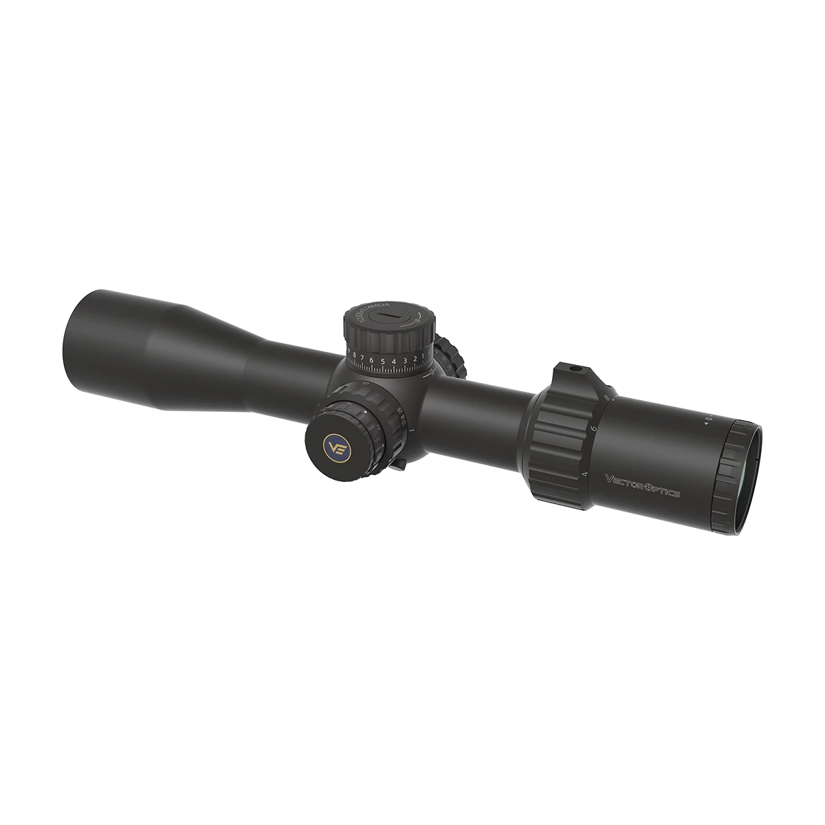 Seitliche Ansicht des Tauron 4-16x44 Zielfernrohrs mit Vector Optics Logo und ergonomischem Zoomring für schnelle Vergrößerungsanpassung.