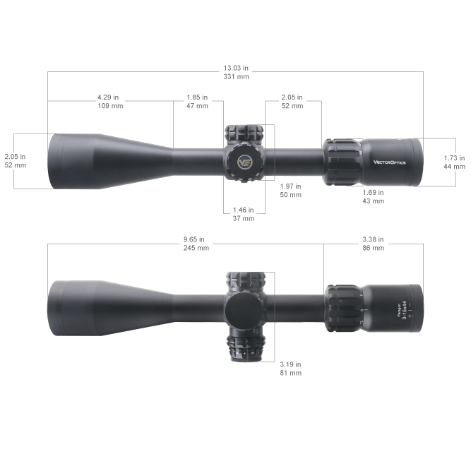 Paragon 3-15x44 SFP - technische Zeichnung mit Abmessungen des Zielfernrohrs, ideal für die Montageplanung auf Jagdwaffen.