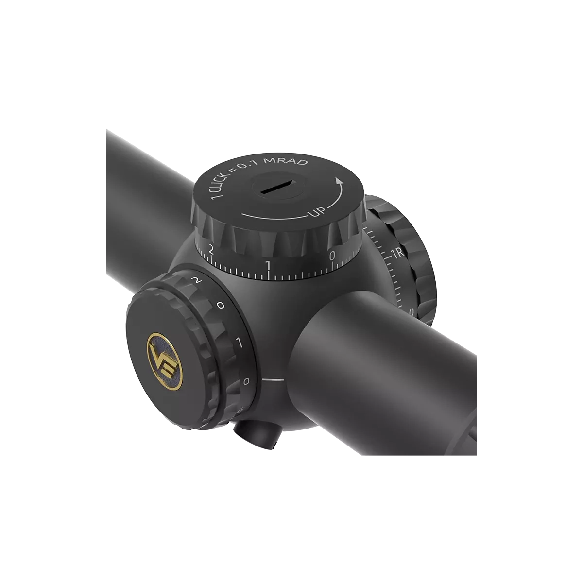 Detailansicht der MRAD-Verstelltürme des Vector Optics Tauron 1–6×24 SFP für präzise Höhen- und Seitenverstellung bei jedem Wetter.