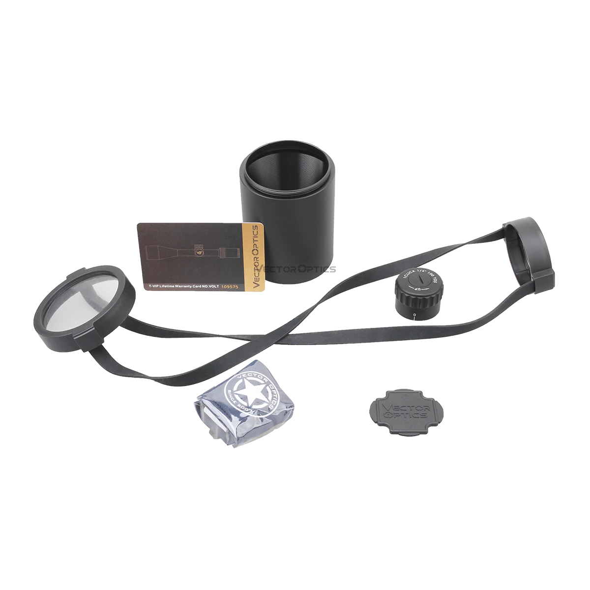 Lieferumfang des Vector Optics Continental x8 3-24x56 SFP inklusive Zubehör wie Sonnenblende, Flip-Caps und Reinigungstuch für den Jagdeinsatz.