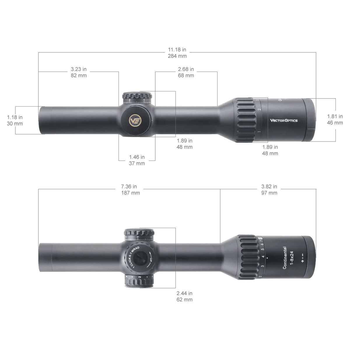 Technische Zeichnung des Continental X8 Zielfernrohrs mit genauen Abmessungen für Montage und Kompatibilität.