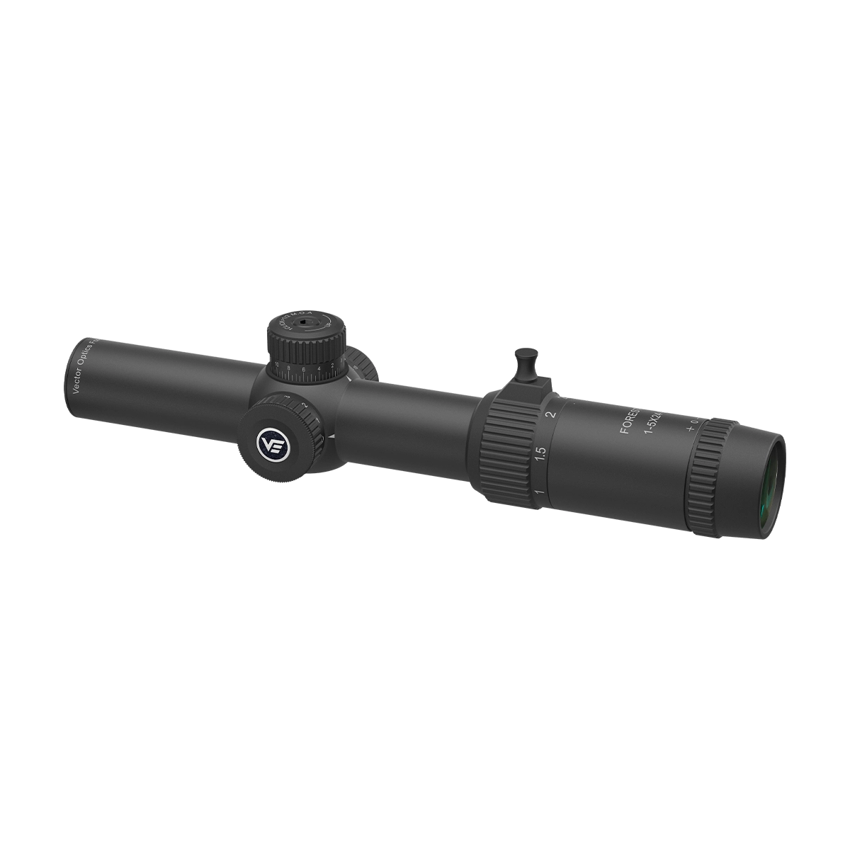 Seitliche Ansicht des Forester 1–5×24 SFP Zielfernrohrs mit Vergrößerungshebel und kompaktem Design für Jagdwaffen.