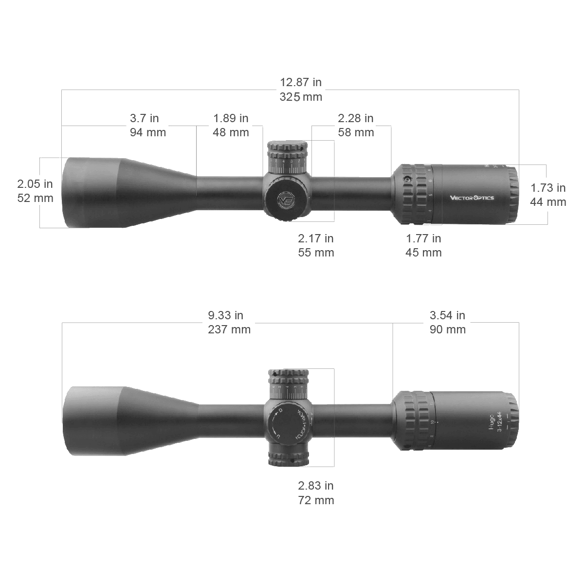 Technische Zeichnung des Hugo 3–12×44 SFP Zielfernrohrs mit Maßangaben zur Länge und Position der Bedienelemente für Montageplanung.
