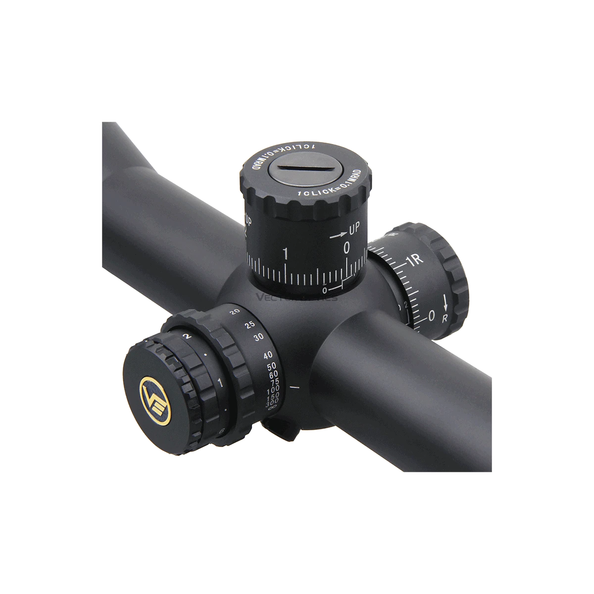 Detailansicht des Verstellturms des Tauron 6-24x50 HD SFP Zielfernrohrs mit Zero-Stop-Funktion und MPX1-Absehen für taktische Anwendungen.