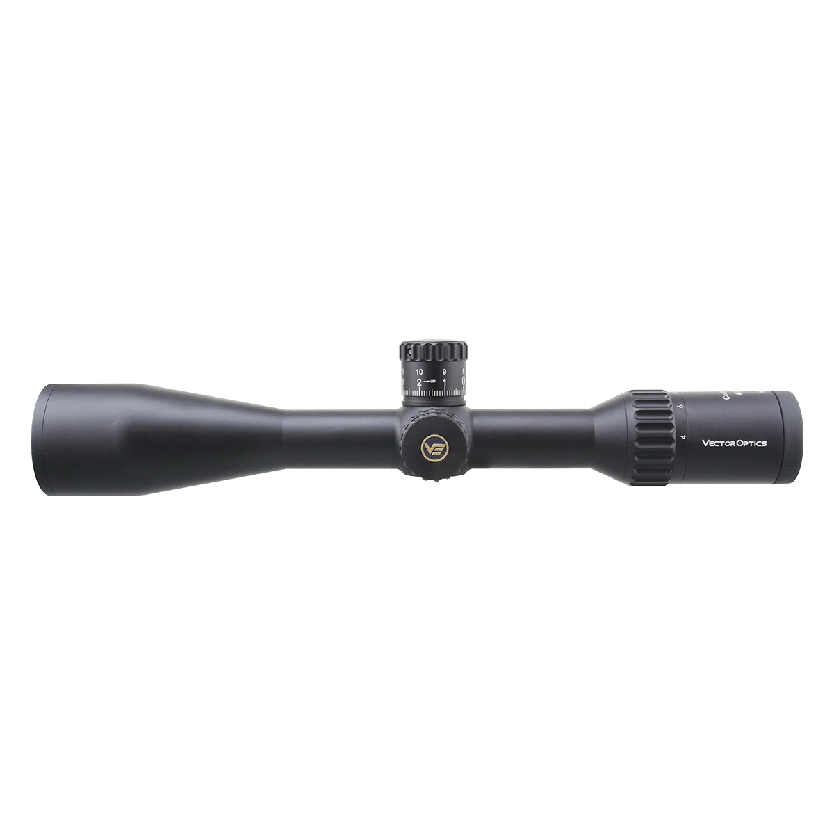Seitliche Ansicht des Continental x6 4-24x50 Tactical SFP Zielfernrohrs mit mattschwarzem Finish und Vector Optics Logo.