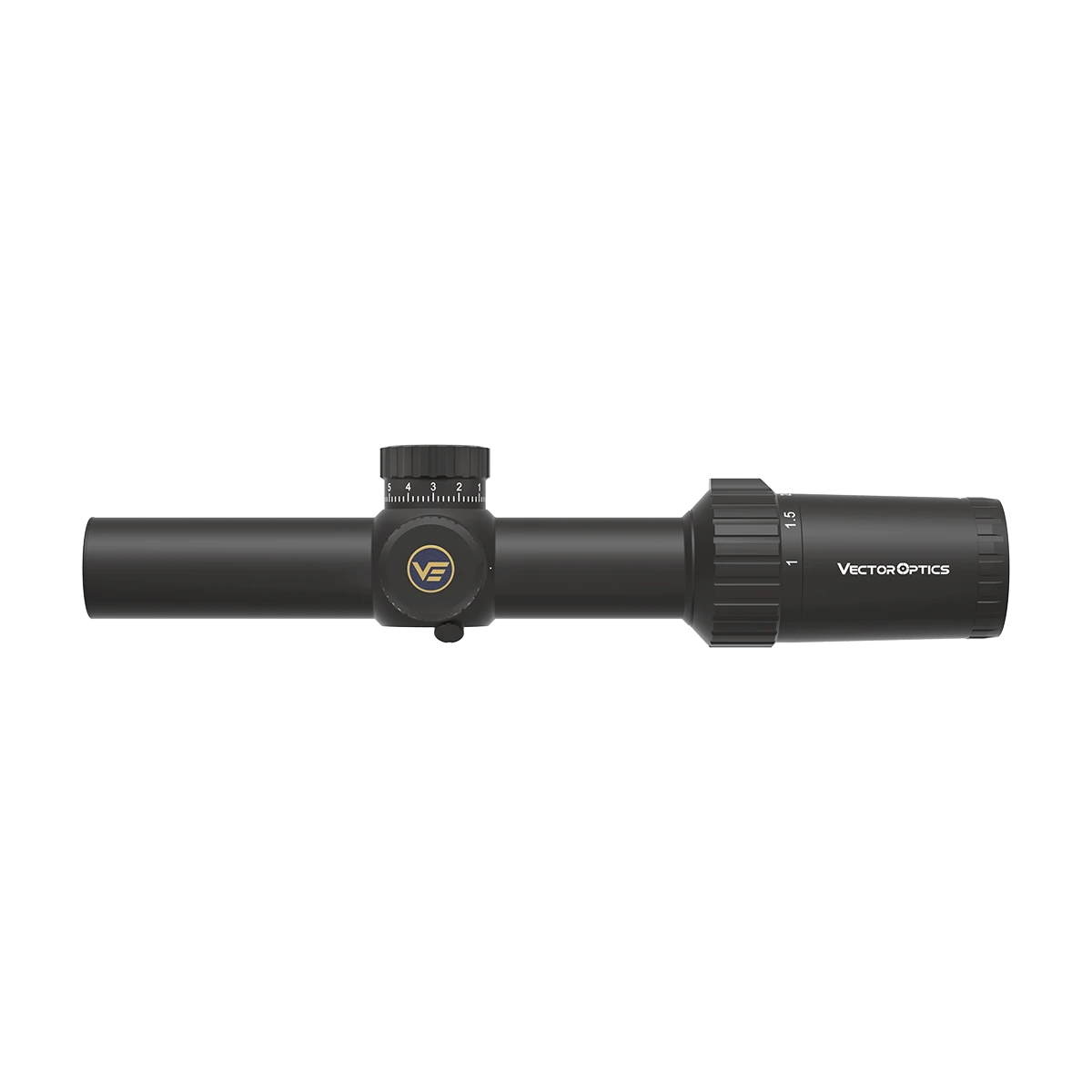 Seitliche Ansicht des Vector Optics Tauron 1-6x24 FFP Zielfernrohrs mit kompaktem Design und klarer Skalierung für präzise Einstellungen.