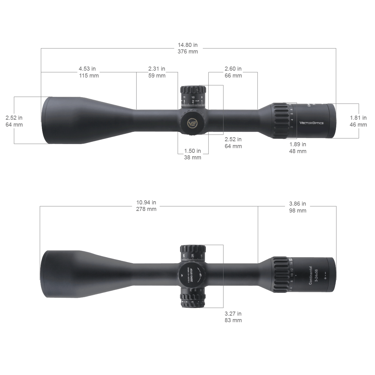 Technische Zeichnung des Vector Optics Continental x8 Zielfernrohrs mit genauen Abmessungen für Montage und Kompatibilität.