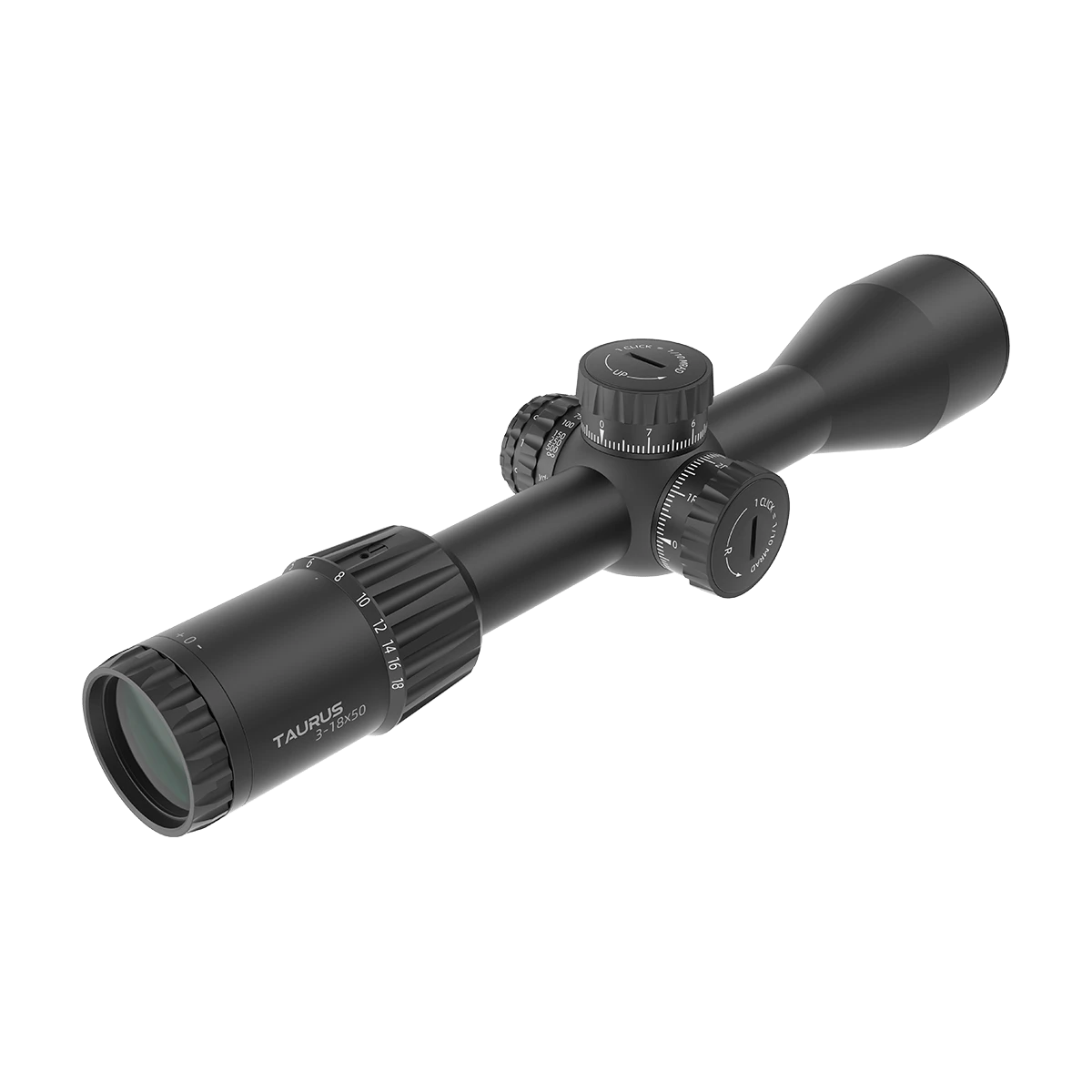 Rückansicht des Tauron 3-18x50 GenII FFP Zielfernrohrs mit klarer Vergrößerungsskala und griffigem Zoomring für schnelle Anpassungen.