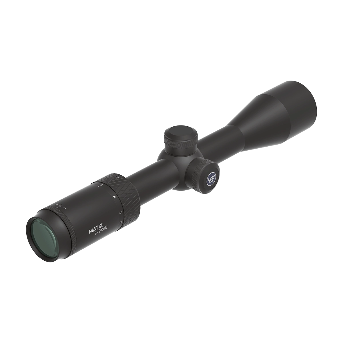 Rückseitige Ansicht des Matiz 3–9×40 SFP Zielfernrohrs mit Zoomring und Dioptrienausgleich. Perfekt für Sportschützen und Jäger.