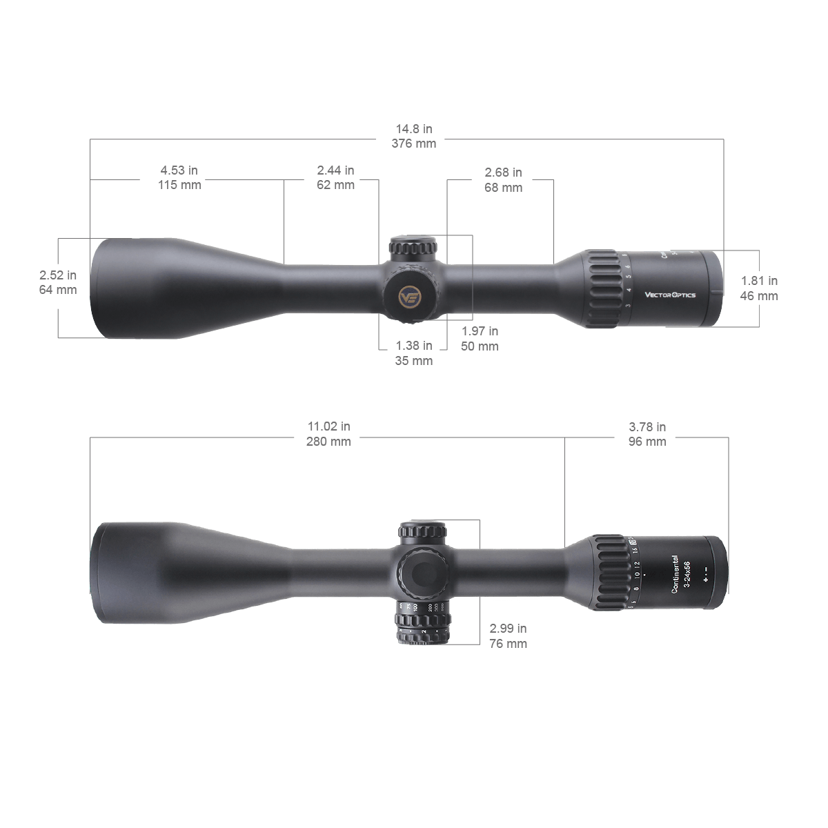 Technische Zeichnung des Continental x8 3-24x56 SFP Zielfernrohrs mit Maßangaben zur Montage und Anpassung an Jagdgewehre.