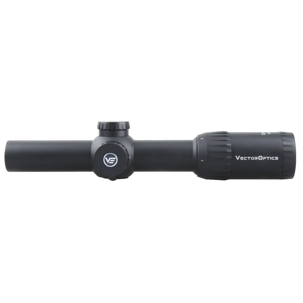 Seitenansicht des Constantine 1–8×24 SFP Zielfernrohrs von Vector Optics mit klarer Markierung und kompaktem Design.