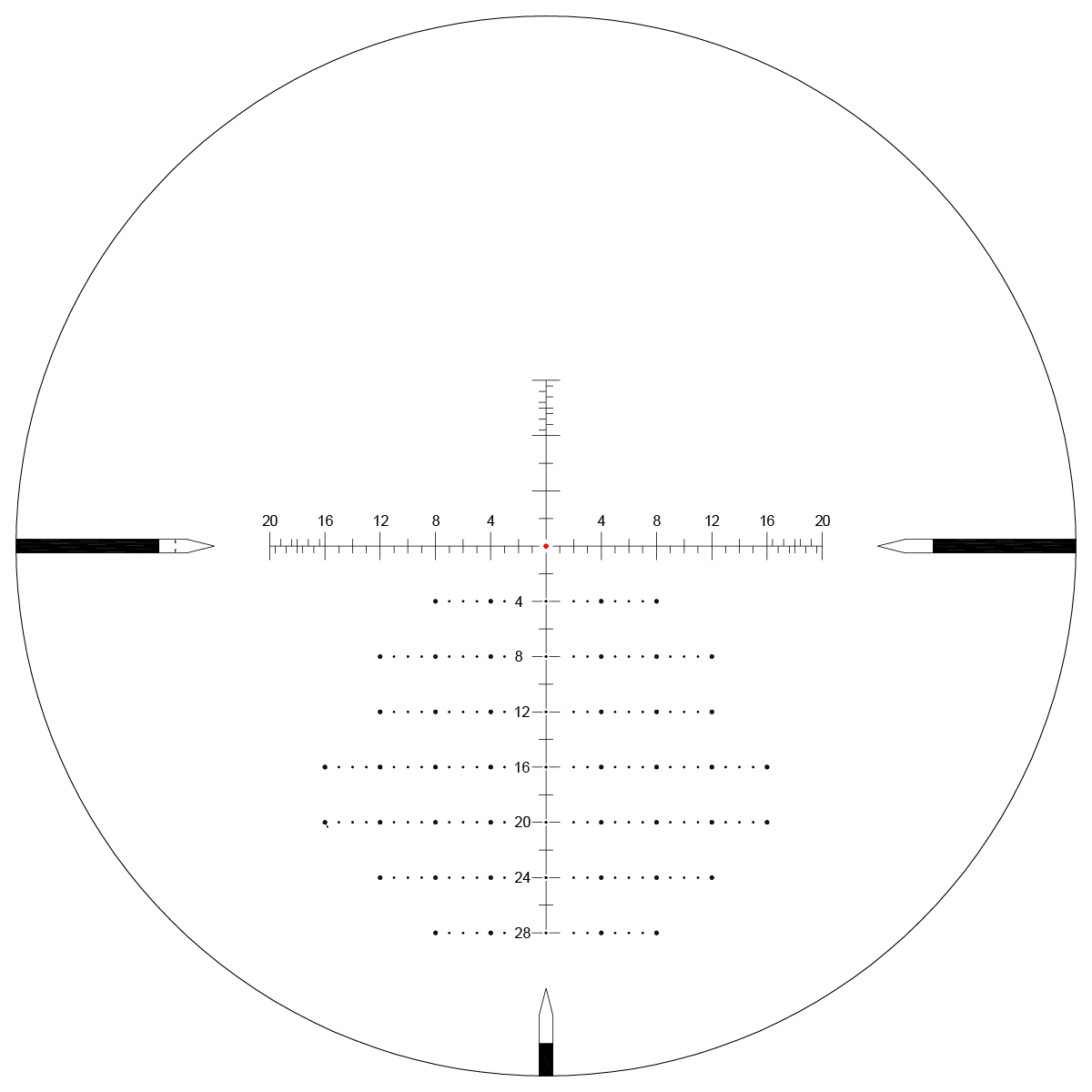 SCOL-59 Absehen des Sentinel 4-16x50 GenII SFP mit feiner Mil-Dot-Skala und rotem Leuchtpunkt für exakte Zielerfassung.