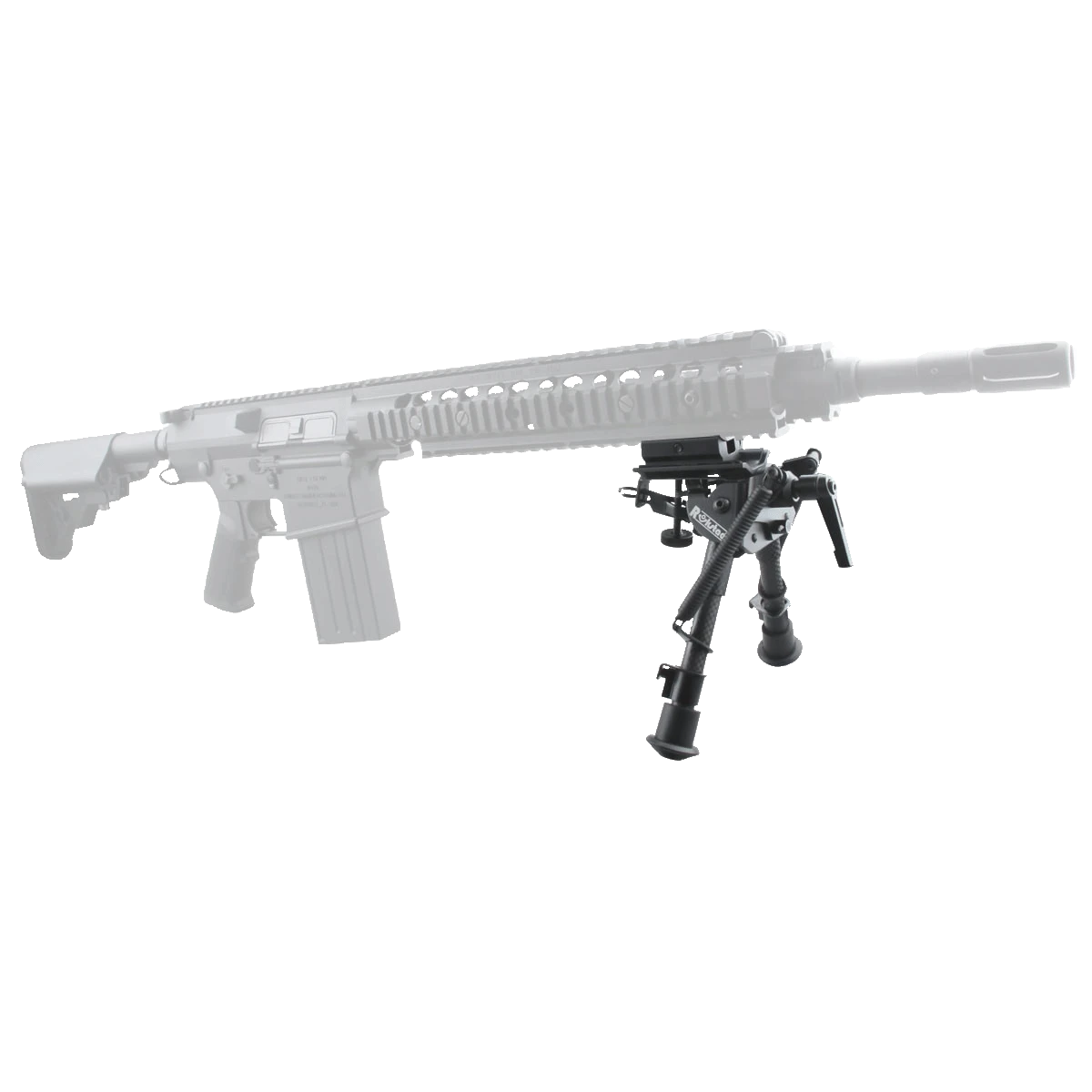 Montiertes Zweibein Swivel Carbon an einem Gewehr, zeigt Anwendung und Stabilität bei der Nutzung im Jagd- oder Schießsportbereich.
