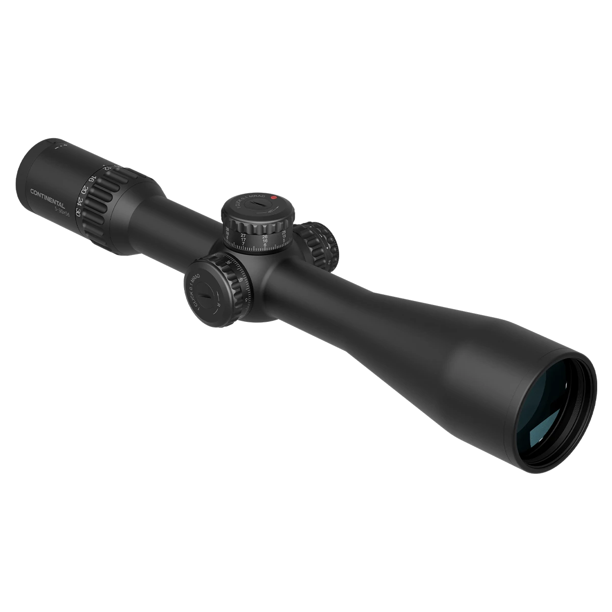 Schrägansicht des Continental x6 5-30x56 FFP Zielfernrohrs mit Zero Stop Funktion und IP67 Schutz für extreme Jagd- und Schießbedingungen.