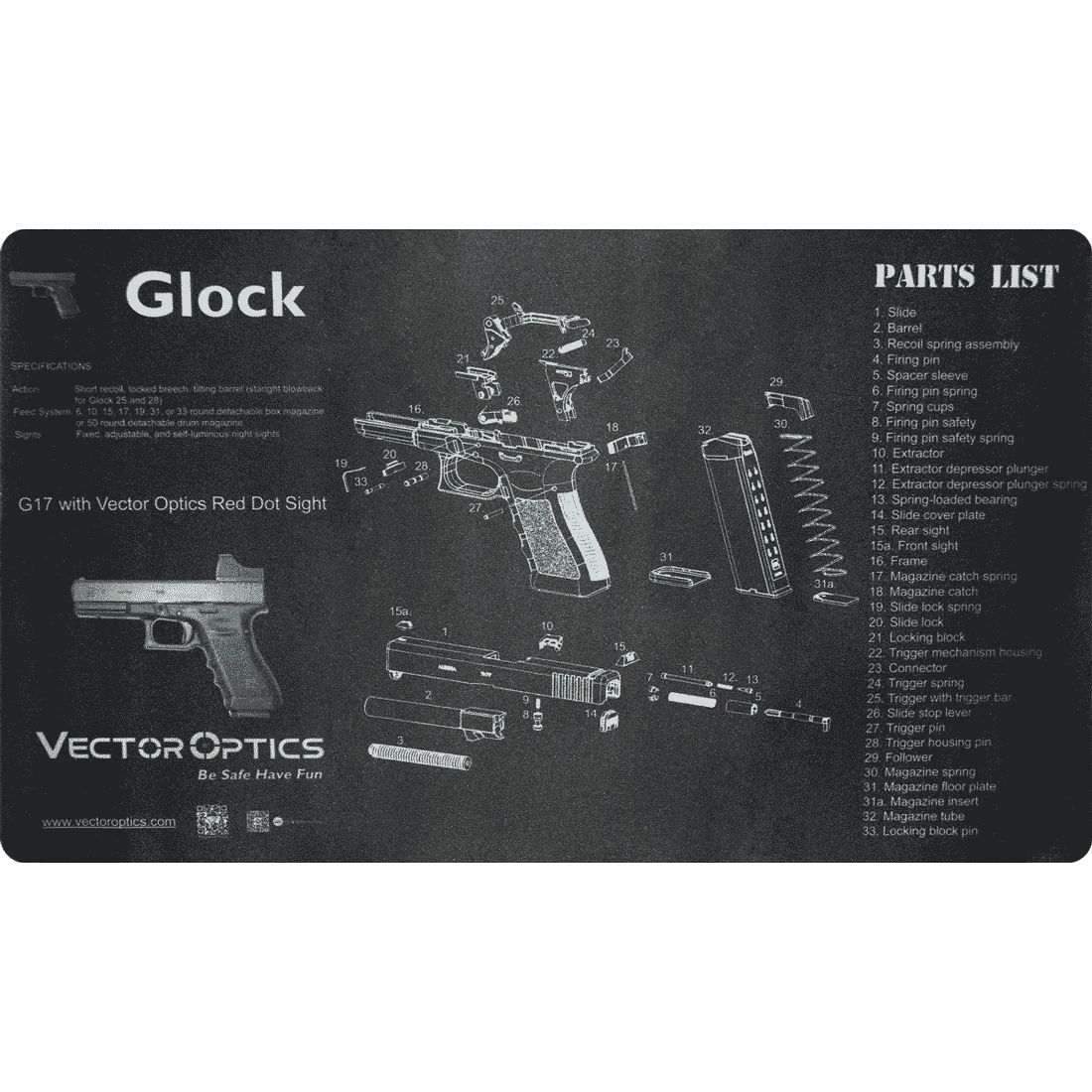 Reinigungsmatte diverse Logos - Waffenreinigungsmatte Vector Optics für Glock G17 mit Red Dot Sight, rutschfest und ölresistent mit Explosionszeichnung.