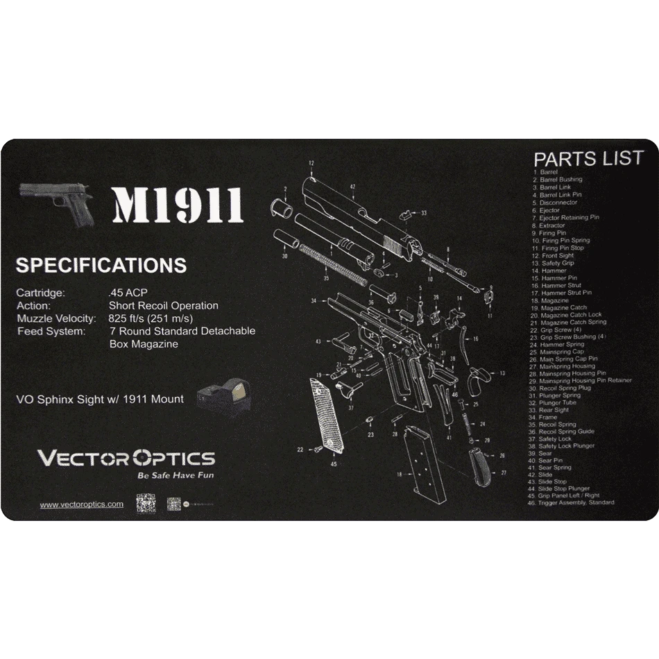 Reinigungsmatte diverse Logos - Waffenreinigungsmatte Vector Optics für Colt M1911, ölabweisend und rutschhemmend mit technischer Spezifikation.
