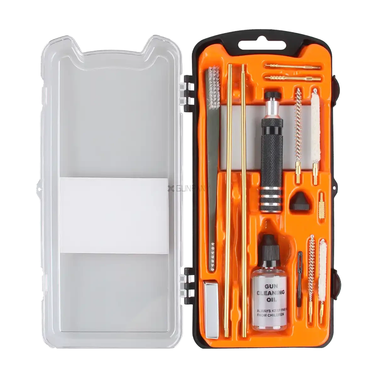 Reinigungsset Kaliber .177 & .22 – SCCK-10 Set mit Reinigungsöl, Bürsten und Zubehör in orangefarbener Box für präzise Waffenpflege.