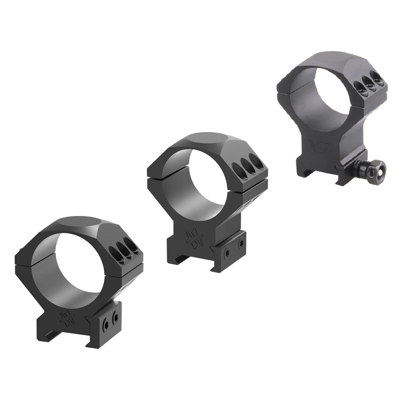 Alu-Ringe X-Accu - 34mm Zielfernrohr Ringe in 40mm Höhe aus 6063-T6-Aluminium, kompatibel mit Picatinny-Schienen, in drei Varianten dargestellt.