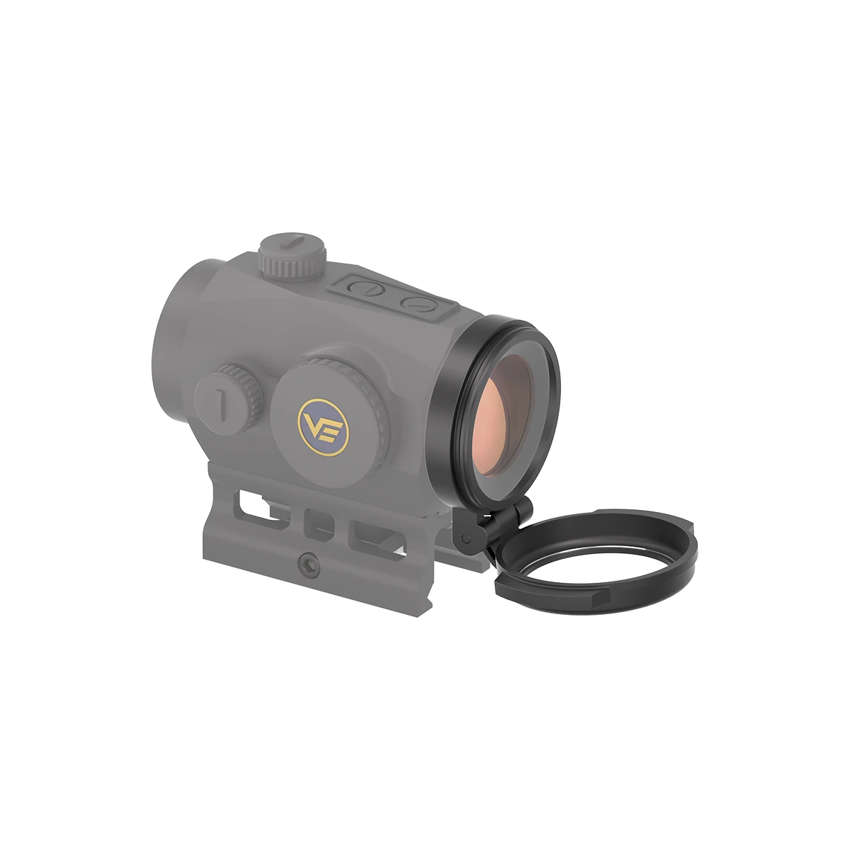 Linsenschutz Flip-Cap Scrapper montiert auf Maverick GenIII Optik. Schützt 28mm Objektiv zuverlässig vor Staub und Kratzern.
