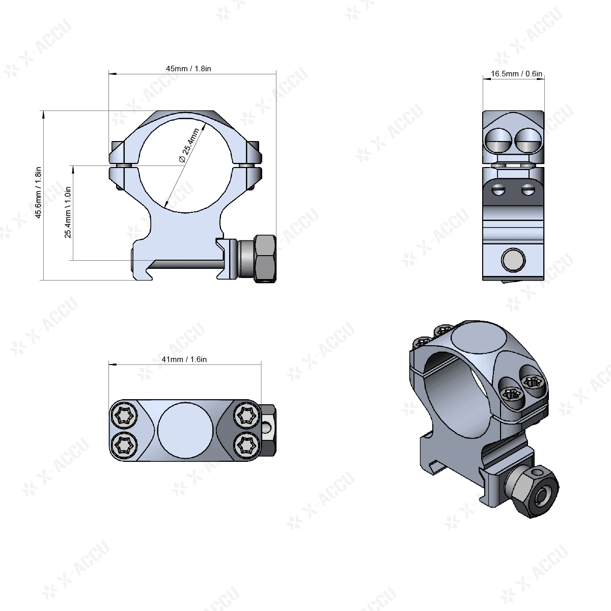 Technische Zeichnung des 25.4mm Montagerings mit 25.4mm Höhe. Präzise Maße für Picatinny Montageringe aus Aluminium für Zielfernrohre.