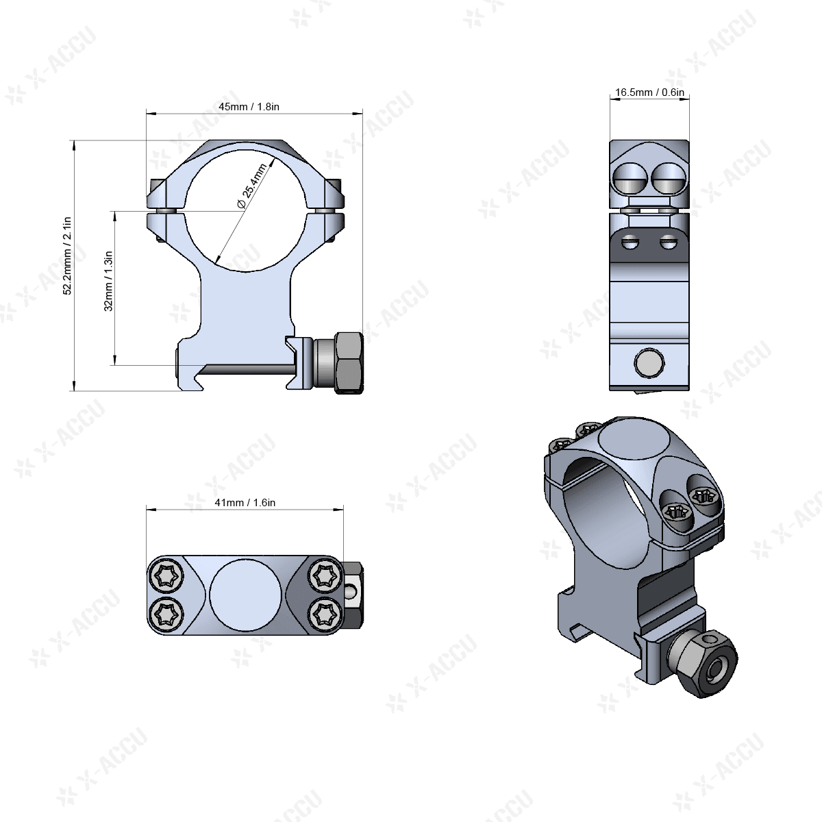Technische Zeichnung des 25.4mm Montagerings mit 32mm Höhe. Robuste Aluminiumringe für 1 Zoll Zielfernrohre auf 21mm Picatinny-Schienen.