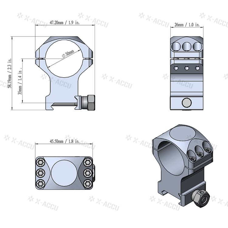 Detailansicht und Maße der Alu-Ringe X-Accu 30mm Montageringe für Picatinny-Schienen, gefertigt aus 6061-T6 Aluminium, Modell XASR-3003.