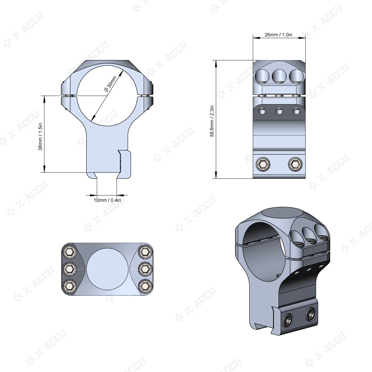 Technische Zeichnung der Alu-Ringe X-Accu in 38mm Höhe, 30mm Tubus, 11mm Dovetail, ideal für hohe Optik-Montage mit sicherem Halt.