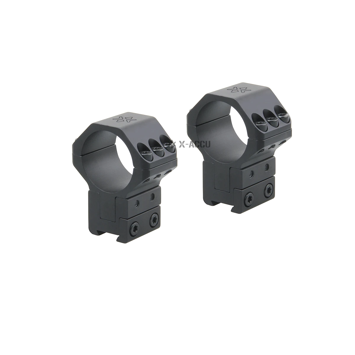 Zwei höhenverstellbare Zielfernrohr-Ringe X-Accu XASR-3055 aus Aluminium, optimiert für Schussfestigkeit und einfache Montage.