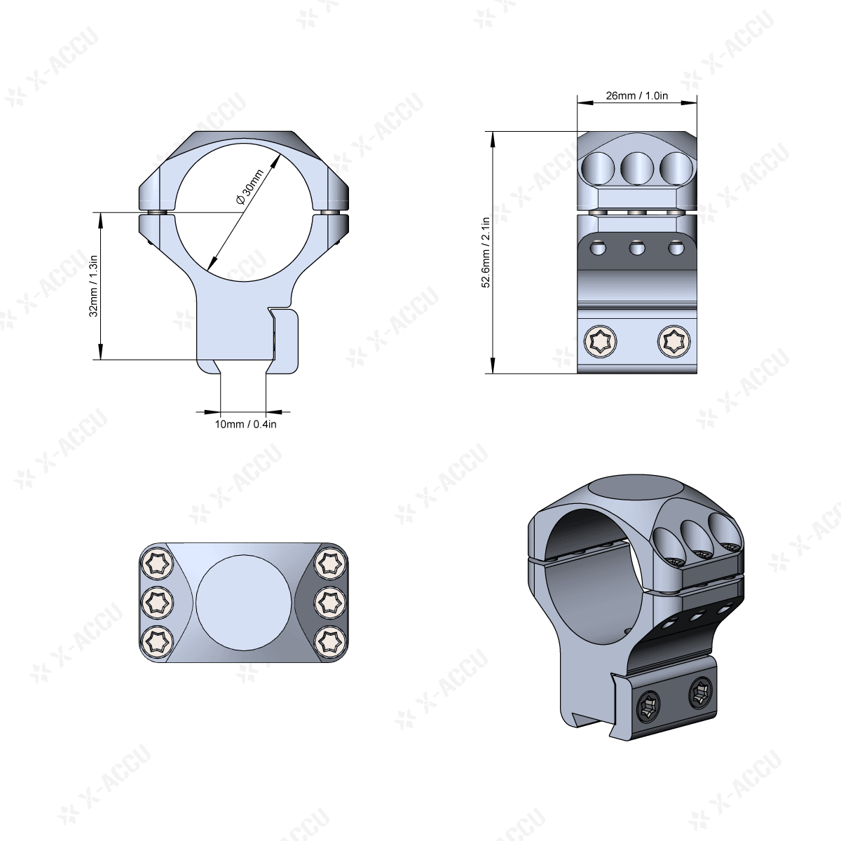Technische Zeichnung der Alu-Ringe X-Accu in 32mm Höhe, 30mm Tubus, 11mm Dovetail, zeigt Maße und Details für präzise Zielfernrohrmontage.