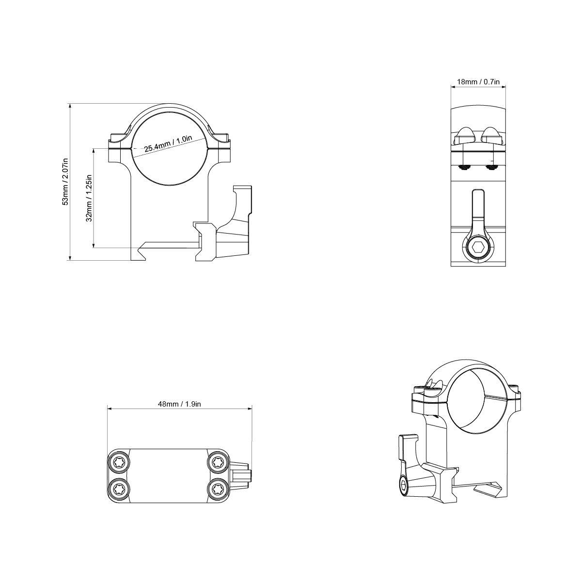Technische Zeichnung des hohen Stahlrings mit QD in 32 mm Höhe. Detaillierte Maße für optimale Zielfernrohr-Montage auf 21 mm Picatinny-Schienen.