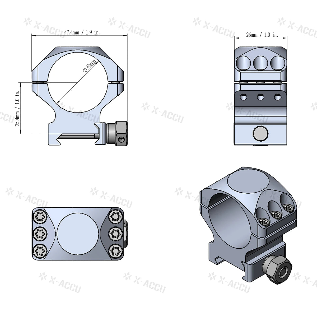 Technische Zeichnung der Alu-Ringe X-Accu 30mm Montageringe mit präzisen Maßen für Picatinny-Zielfernrohrmontage, gefertigt aus 6061-T6 Aluminium.
