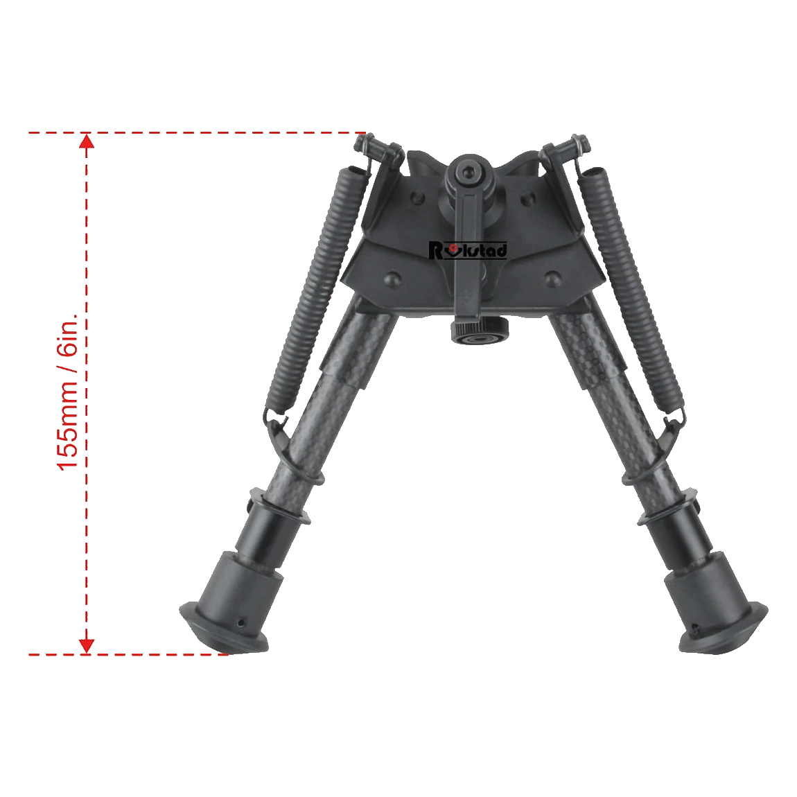 Zweibein Swivel Carbon für Waffen mit 6 Zoll Beinlänge, inklusive Maßangabe zur optimalen Größenwahl für präzises Schießen.