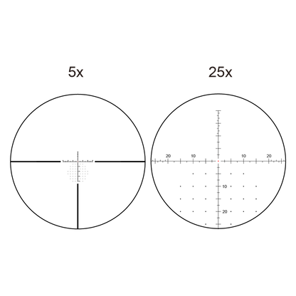 Absehen-Diagramm des VSE-5 MOA im Sentinel 5-25x50 HD FFP Zielfernrohr für präzise Zielerfassung und ballistische Berechnungen.