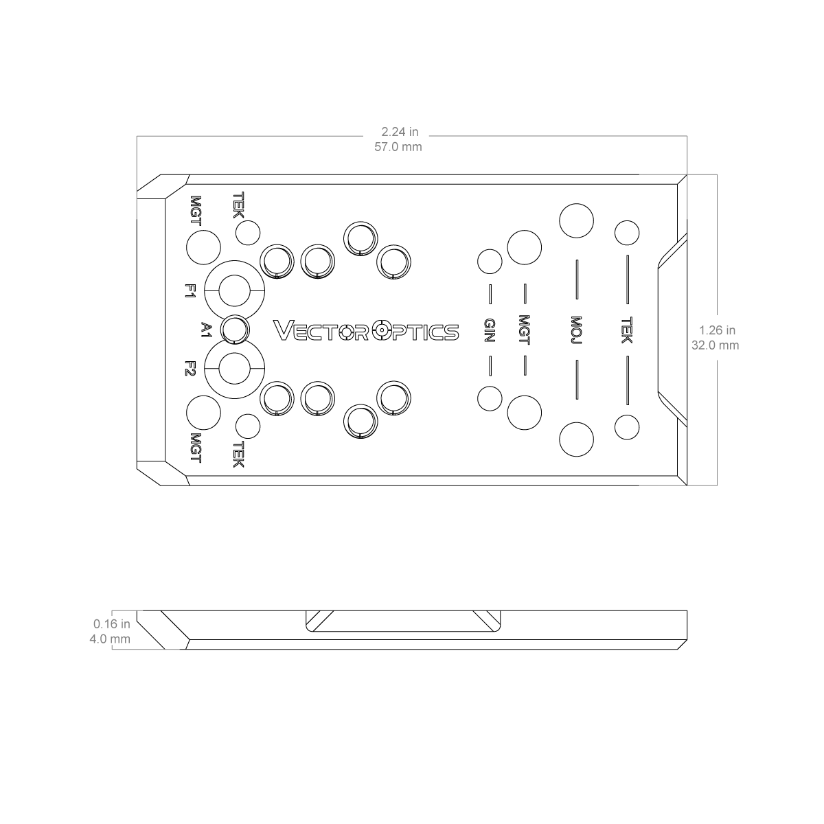Maßzeichnung des Glock Pistolen Universaladapters SCFRM-GK11 zur Unterstützung verschiedener Optik-Footprints wie TEK und MOJ.