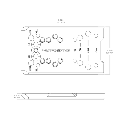 Maßzeichnung des Glock Pistolen Universaladapters SCFRM-GK11 zur Unterstützung verschiedener Optik-Footprints wie TEK und MOJ.
