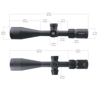 Technische Zeichnung des Paragon 4-20x50 SFP Vector Optics Zielfernrohrs mit Maßangaben für optimale Montage und Passgenauigkeit.