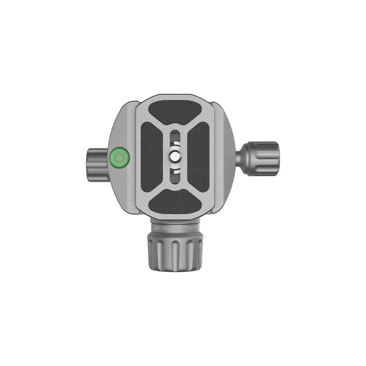 Top-Ansicht des 56mm Kugelkopfs mit rutschfester Schnellwechselplatte und integrierter Wasserwaage für exakte Ausrichtung auf Stativen.