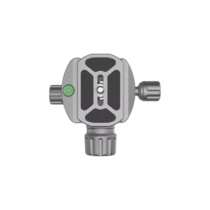 Top-Ansicht des 56mm Kugelkopfs mit rutschfester Schnellwechselplatte und integrierter Wasserwaage für exakte Ausrichtung auf Stativen.