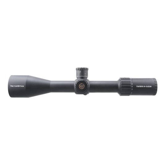 Tauron 6-24x50 HD SFP Zielfernrohr von Vector Optics in Seitenansicht mit klar sichtbarem Mittelrohr und Vergrößerungseinstellung.