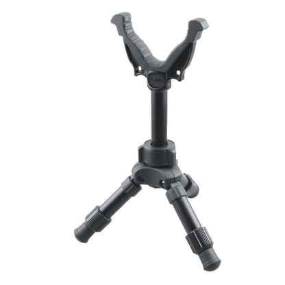 Seitliche Ansicht des kompakten Tripods RSGR-06 mit V-Mount und Carbonbeinen. Perfekt für unterwegs und präzise Zielausrichtung.