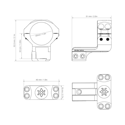 Technische Zeichnung der Alu-Ringe Cantilever 30mm mit exakten Maßen für 11mm Dovetail-Schienen, ideal für präzise Zielfernrohrmontage.