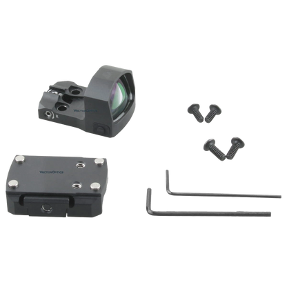 Lieferumfang des Frenzy-S 1x17x24 Red Dot Sights inklusive Montageplatte, Schrauben und Inbusschlüssel für einfache Installation.