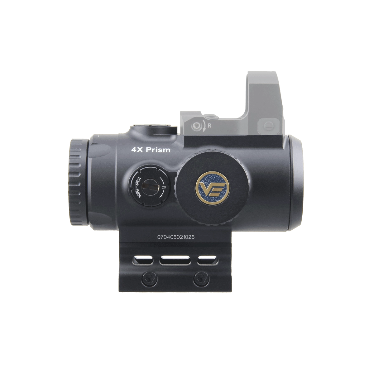 Prismenvisier 4x24 Micro | Kompakt & Präzise Optik mit VE-Logo, ideal für taktische Anwendungen und präzise Zielaufnahme bei Tag und Nacht.