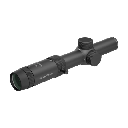 Forester 1–4×24 SFP Zielfernrohr mit seitlichem Parallaxenausgleich und griffigen Einstellringen für schnelle Zielerfassung.