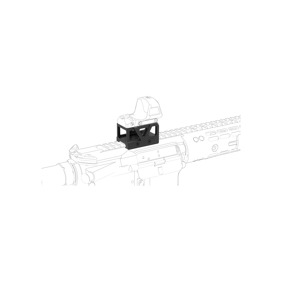 Montierte Vector Optics Picatinny Riser SCFRM-24 auf Waffe, sorgt für klare Sichtlinie und schnelle Zielerfassung mit GIN Red Dot Visier.